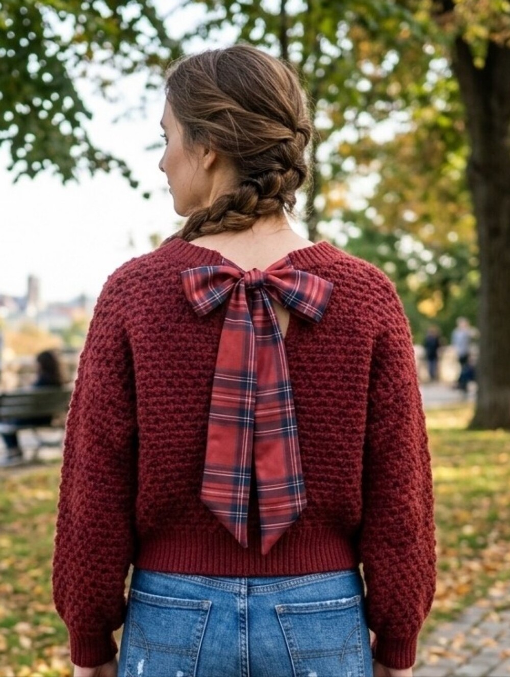 Altar'd State Betty Plaid Bow Back Sweater Burgundy Knit Women's Size XL